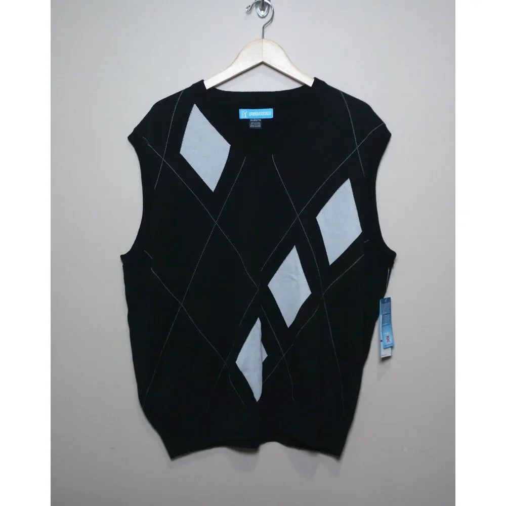 PGA TOUR Argyle Sweater Vest XXL NWT Black White 100% Cotton Golf V-Neck